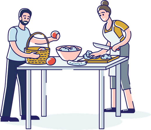 Couple Preparing Healthy Breakfast  Illustration