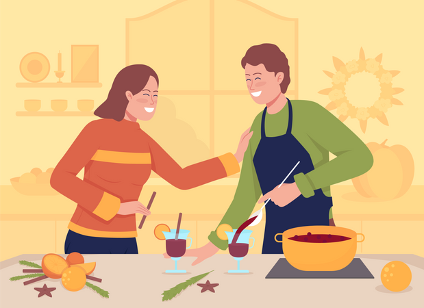 Couple Preparing mulled wine  Illustration