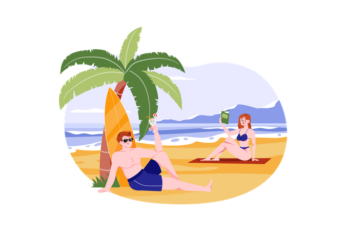 Couple appréciant à la plage  Illustration