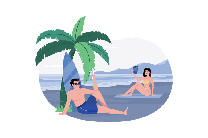 Couple appréciant à la plage  Illustration