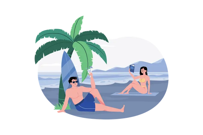 Couple appréciant à la plage  Illustration