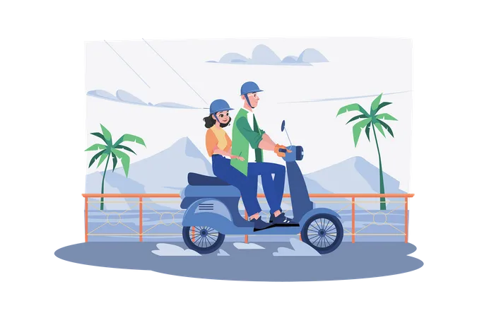 Couple profitant d'un long trajet en scooter  Illustration