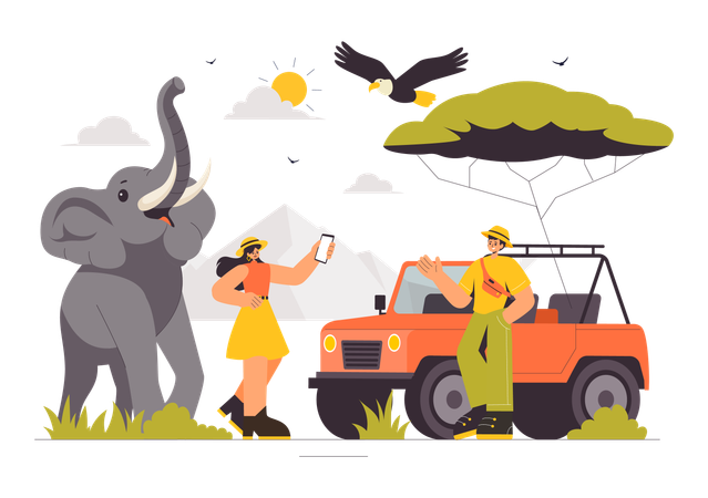 Couple profitant d'un safari animalier  Illustration