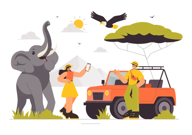 Couple profitant d'un safari animalier  Illustration