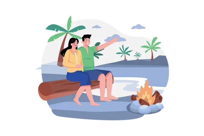 Couple profitant d'un voyage à la plage  Illustration