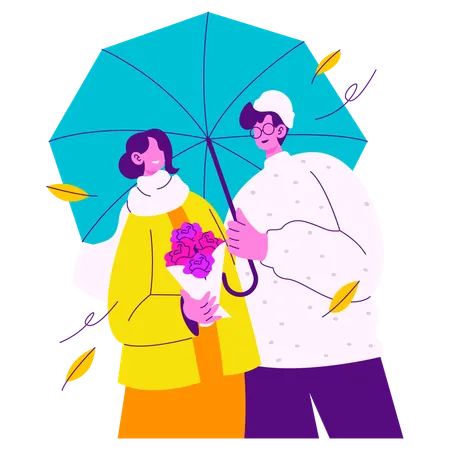 Couple appréciant l'automne sous le parapluie  Illustration