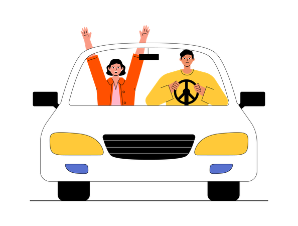 Couple profitant de leur balade en voiture  Illustration