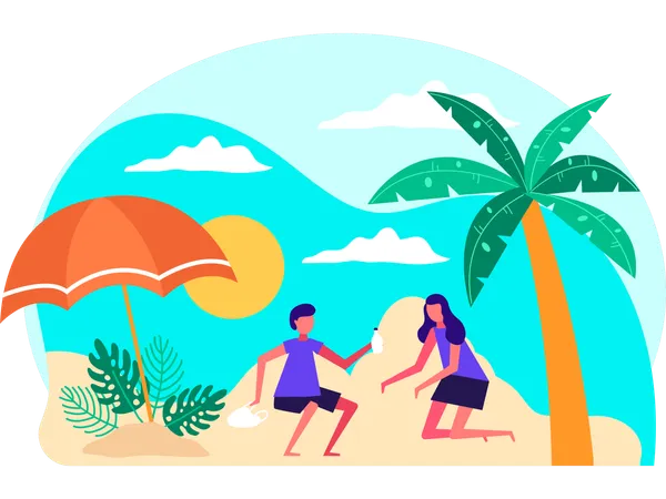 Couple profitant de ses vacances à la plage  Illustration