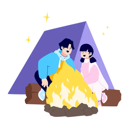 Couple profitant d'un feu de camp  Illustration