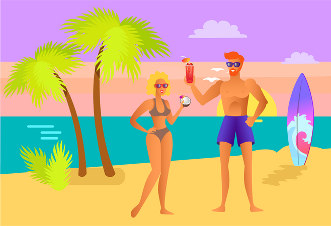 Couple, apprécier, boisson, plage  Illustration