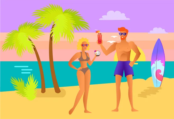 Couple, apprécier, boisson, plage  Illustration