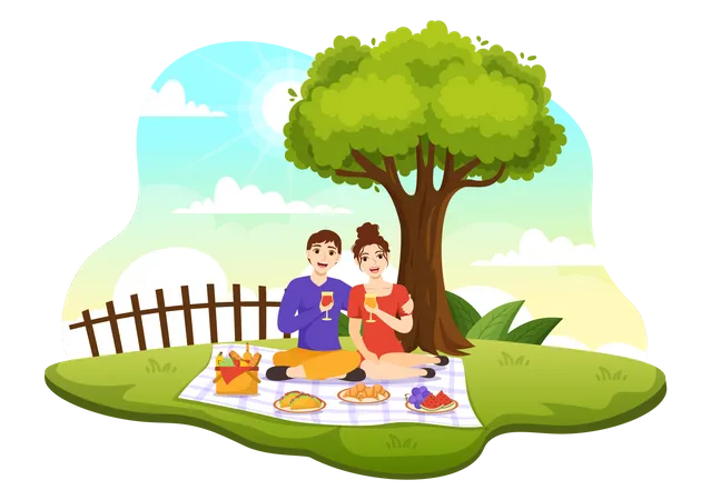 Couple bénéficiant d'un pique-nique d'été  Illustration