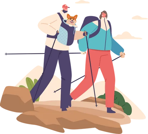 Un couple profite de l’aventure de la randonnée en montagne  Illustration