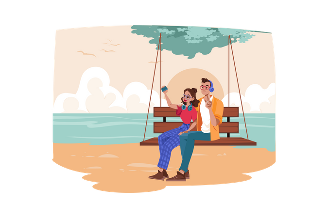 Un couple profite de la vie à la plage  Illustration