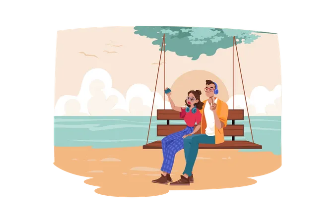 Un couple profite de la vie à la plage  Illustration