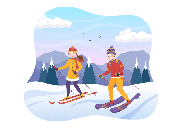 Un couple profite du ski  Illustration