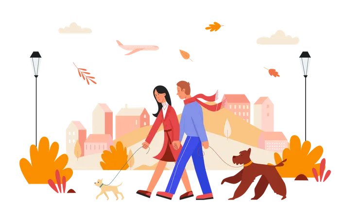 Couple marchant avec un chien en automne  Illustration