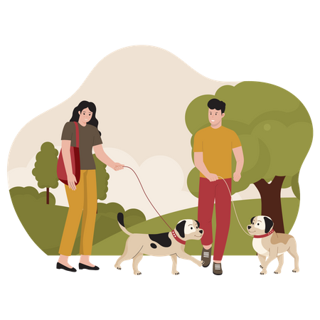 Couple marchant avec un chien de compagnie dans le parc  Illustration