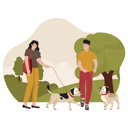 Couple marchant avec un chien de compagnie dans le parc  Illustration