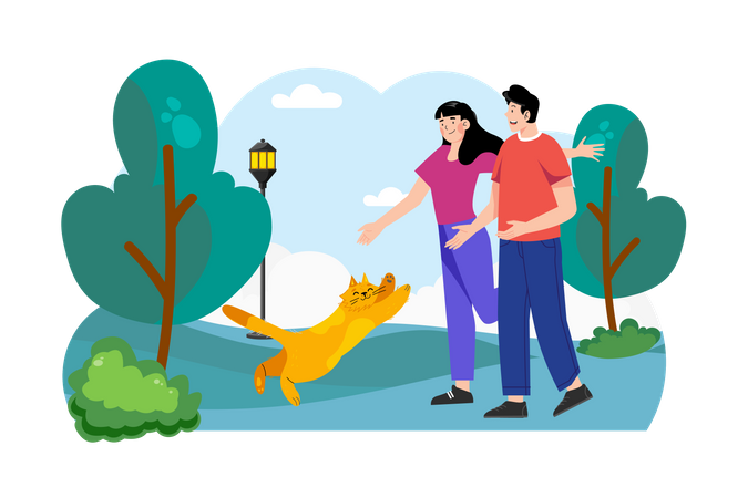 Couple marchant avec chat dans le parc  Illustration