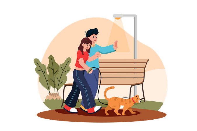 Couple marchant avec chat dans le parc  Illustration