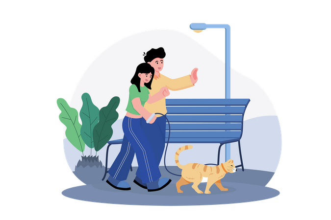 Couple marchant avec chat dans le parc  Illustration