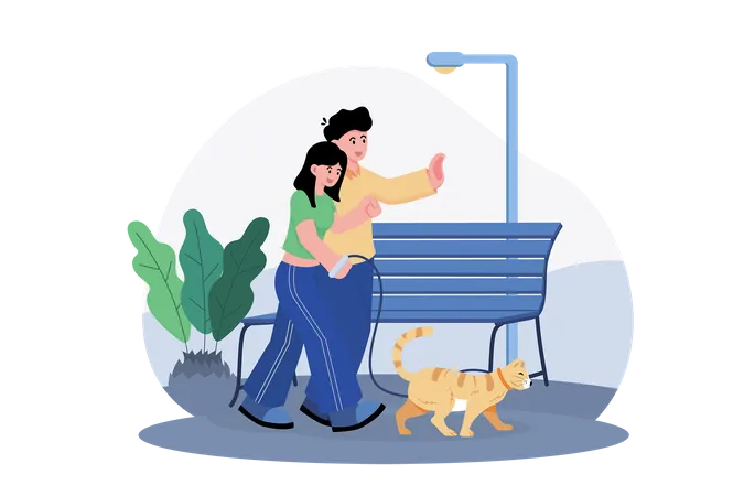 Couple marchant avec chat dans le parc  Illustration