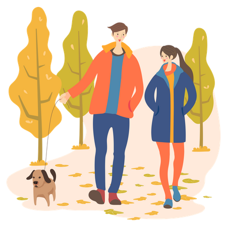 Couple marchant avec un chien  Illustration