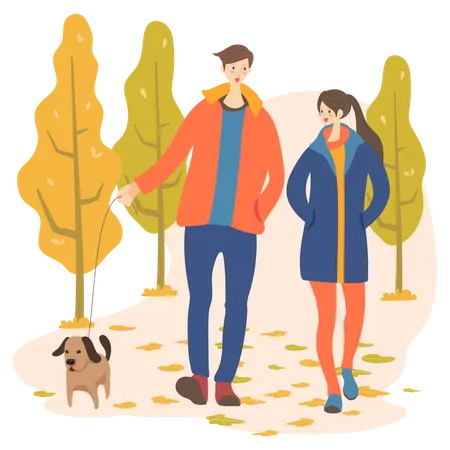 Couple marchant avec un chien  Illustration