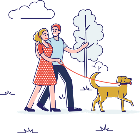 Couple marchant avec un chien dans le parc  Illustration