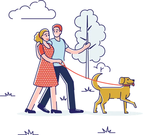 Couple marchant avec un chien dans le parc  Illustration