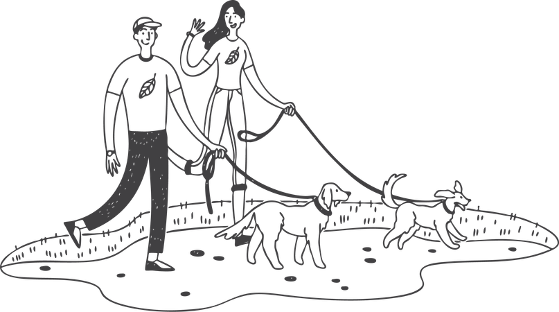 Couple marchant avec un chien dans le parc  Illustration