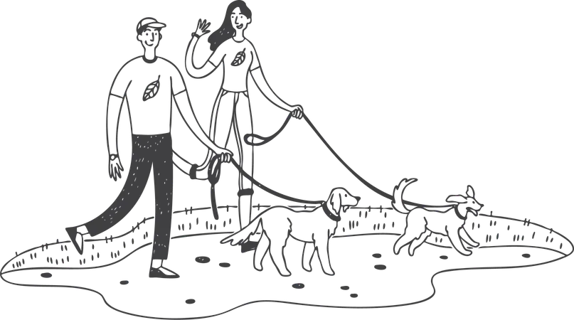 Couple marchant avec un chien dans le parc  Illustration