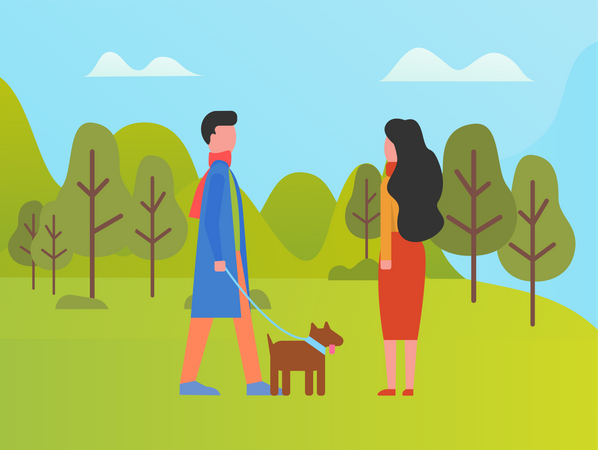 Couple marchant avec un chien dans le parc  Illustration