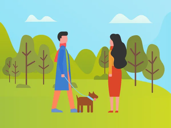 Couple marchant avec un chien dans le parc  Illustration