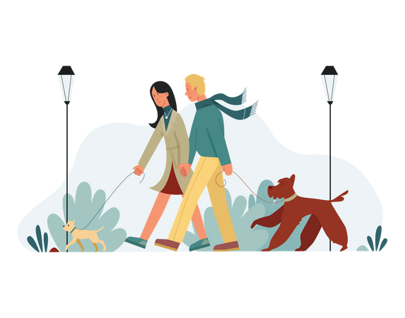 Couple marchant dans un parc avec un chien  Illustration