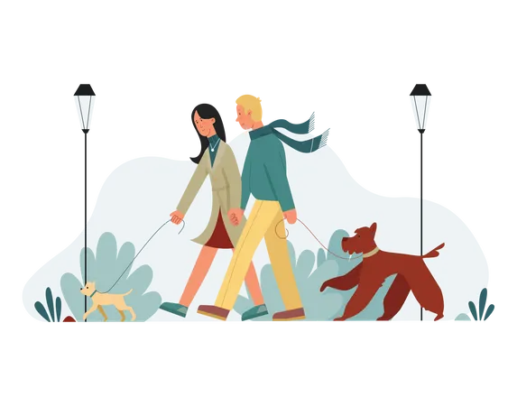 Couple marchant dans un parc avec un chien  Illustration