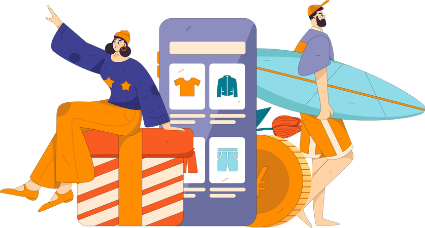 Couple purchasing online clothes from website  Illustration