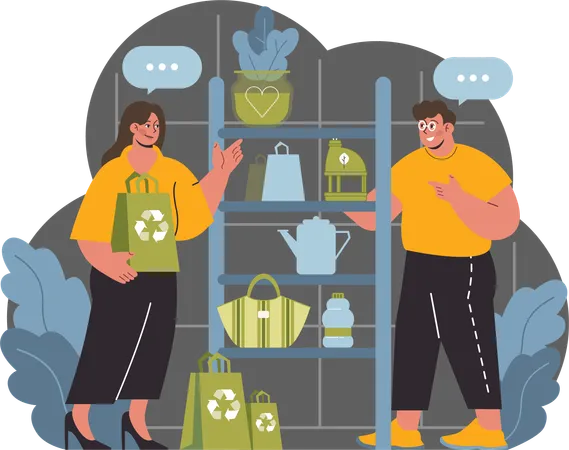 Couple purchasing recyclable items from shop  Illustration