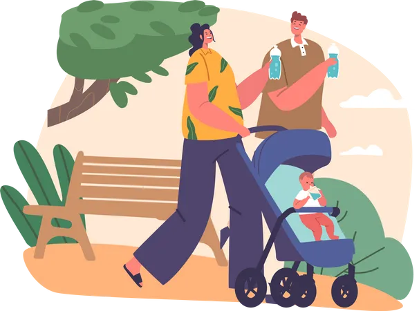 Couple Push Baby Stroller While Enjoying Refreshing Drink Of Water  Illustration