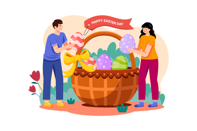 Couple putting Easter eggs into the basket Illustration