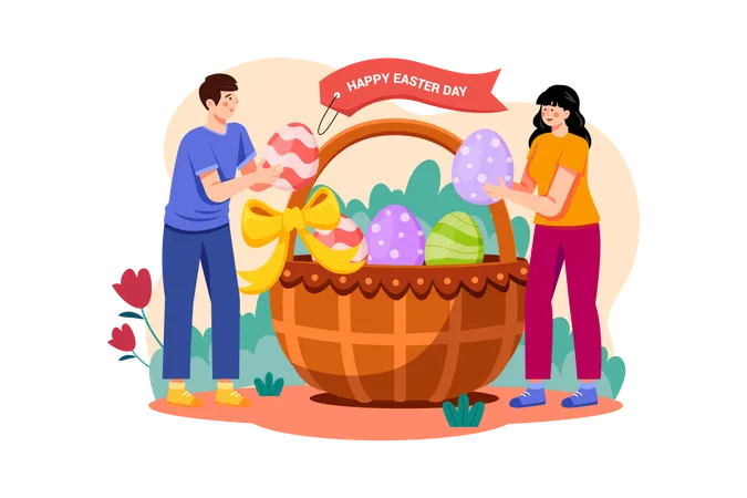 Couple putting Easter eggs into the basket Illustration