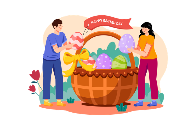 Couple putting Easter eggs into the basket  Illustration