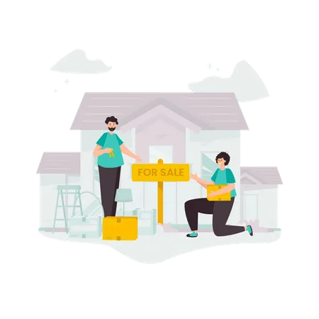 Couple putting up house for sale sign Illustration
