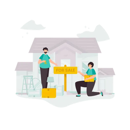 Couple putting up house for sale sign  Illustration