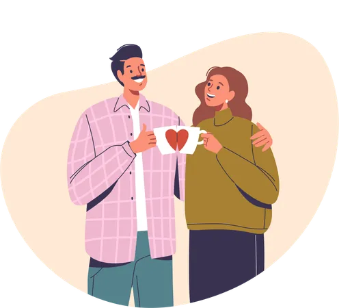 Couple Radiates Joy Holding Cups Adorned With Lovingly Painted Hearts Their Shared Laughter Mirrors The Warmth Of Their Affection Creating A Picturesque Scene Of Love Cartoon Vector Illustration Illustration