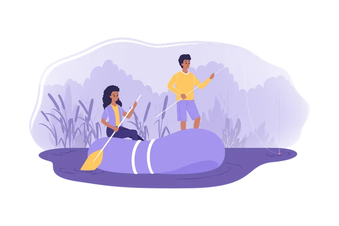 Rafting en couple dans la rivière  Illustration