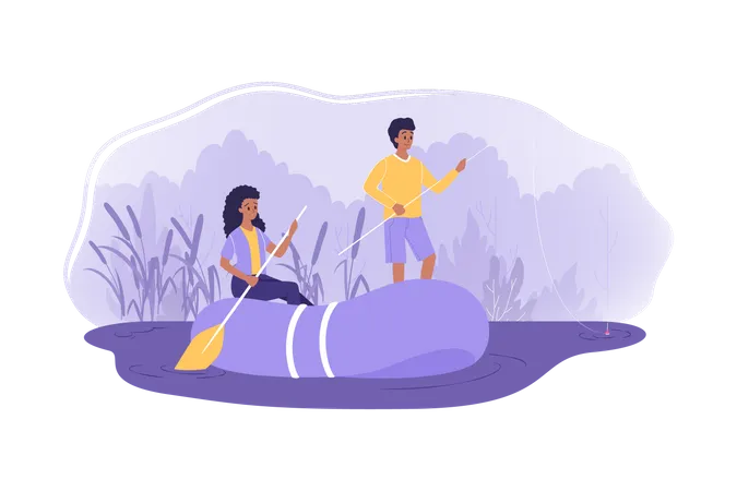 Couple rafting in the river  Illustration