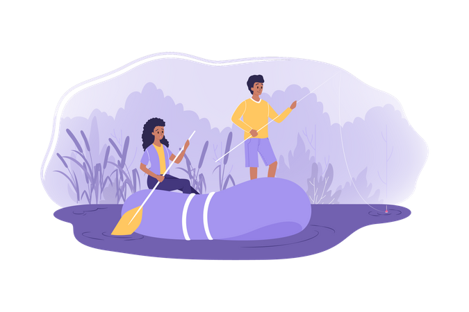 Couple rafting in the river  일러스트레이션