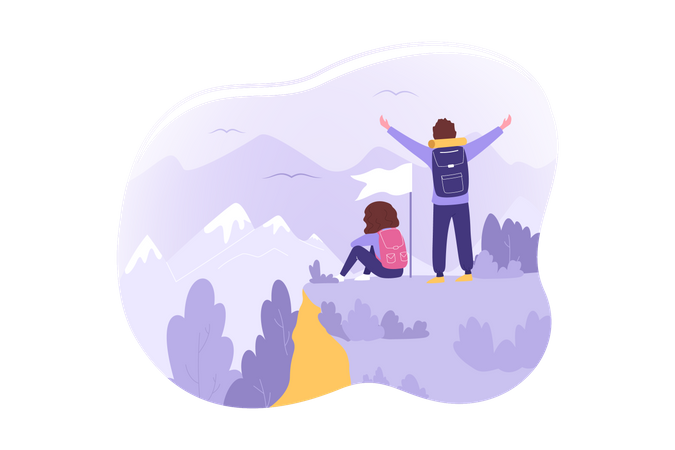 Couple reached at top of hiking point  Illustration